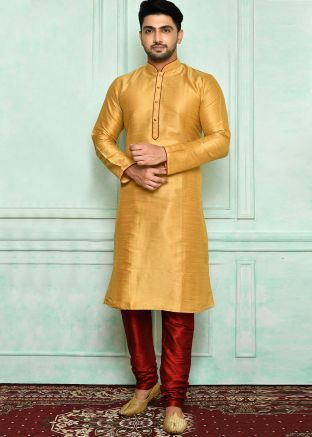 Beige Mens Art Silk Kurta & Pajama Set