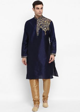 Navy Blue Embroidered Mens Kurta Pajama Set