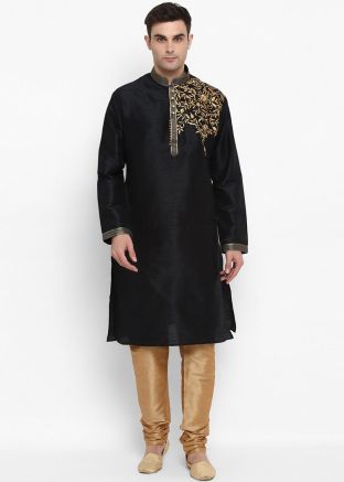 Mens Black Embroidered Kurta With Churidar