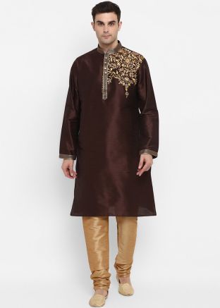 Brown Mens Kurta Pajama In Thread Embroidery