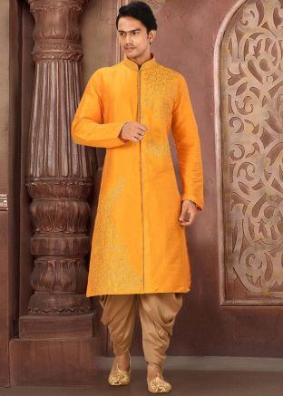 Readymade Yellow Embroidered Dhoti Kurta Set