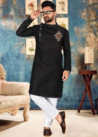 Black Embroidered Mens Kurta Pajama Set