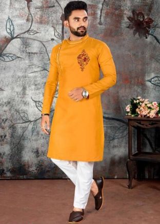Yellow Mens Embroidered Kurta Pajama Set