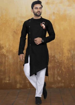 Black Asymmetric Embroidered Kurta Churidar Set