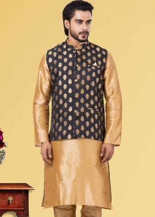 Black Mens Nehru Jacket With Woven Work
