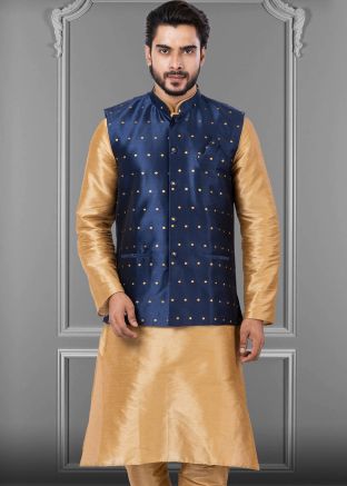 Blue Cotton Nehru Jacket With Woven Work