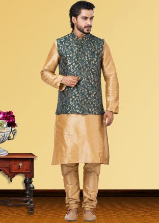 Golden Dupion Kurta Pajama With Nehru Jacket