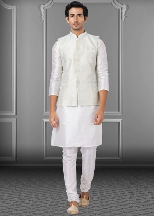 Mens White Kurta & Pajama With Printed Jacket