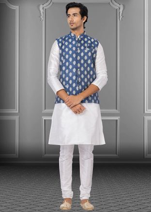 Mens White Readymade Kurta Pajama With Jacket