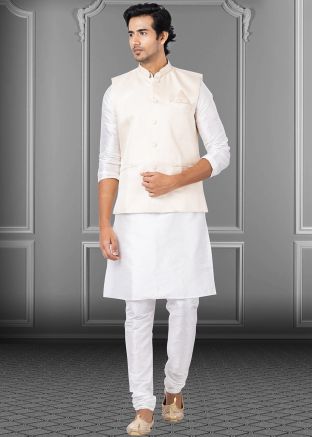 Plain White Mens Kurta Pajama With Jacket