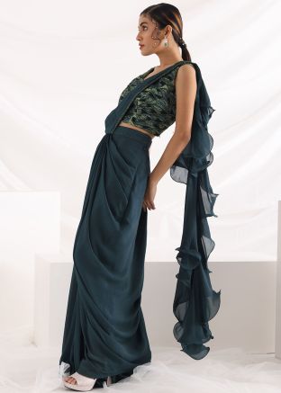 Green Embroidered Skirt Set & Attached Palla