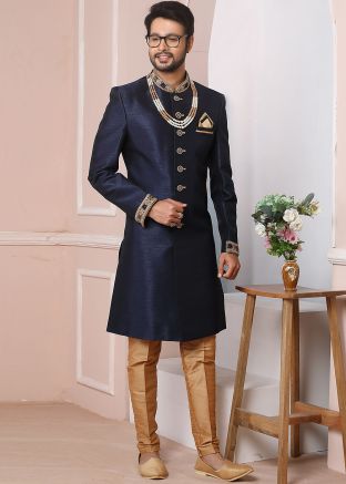 Dark Blue Readymade Indo Western Silk Sherwani