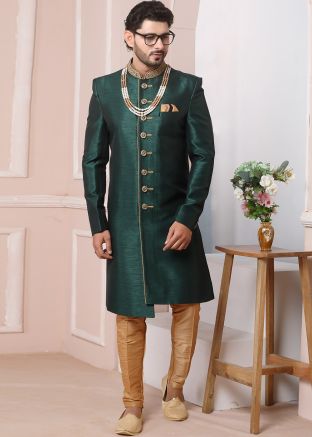 Dark Green Readymade Indo Western Asymmetric Sherwani