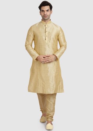 Beige Readymade Plain Kurta Pajama In Art Silk