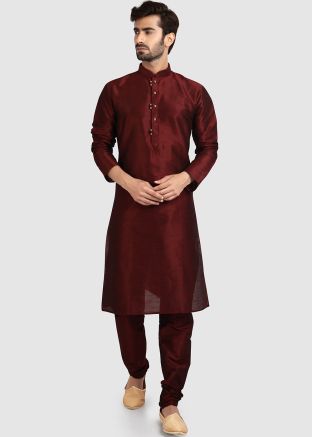 Maroon Readymade Plain Kurta Pajama In Art Silk