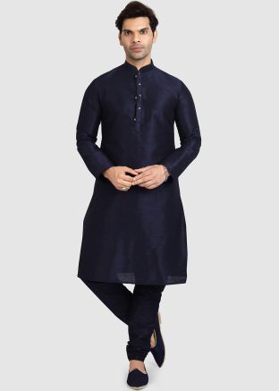 Dark Blue Readymade Mens Kurta Pajama In Art Silk