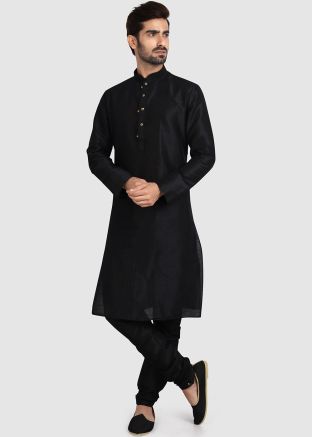 Black Readymade Plain Kurta Pajama In Art Silk