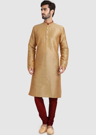 Golden Readymade Plain Kurta Pajama In Art Silk