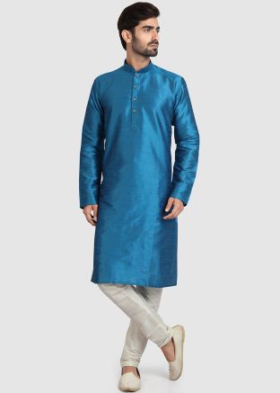 Blue Readymade Mens Kurta Pajama In Art Silk