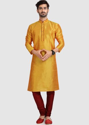 Yellow Readymade Mens Plain Silk Kurta Pajama