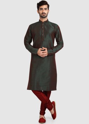 Readymade Mens Green Plain Silk Kurta Pajama