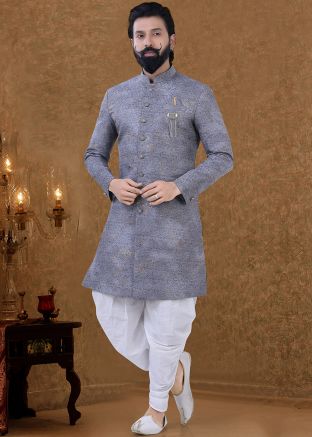 Readymade Grey Printed Jaquard Sherwani With Dhoti