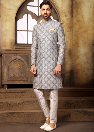 Blue Embroidered Mens Indo Western Sherwani