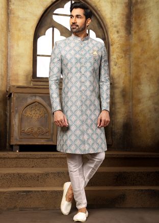 Mens Green Indo Western Sherwani In Digital Print