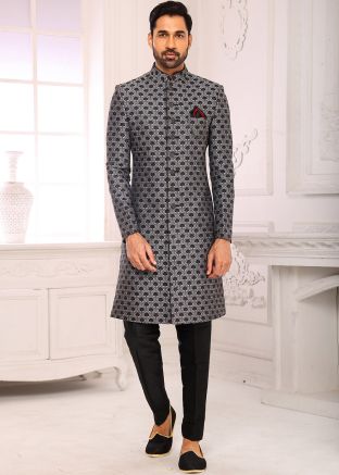 Readymade Grey Indo Western Sherwani In Woven Designs