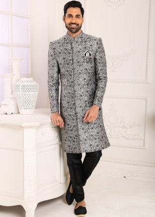 Readymade Grey Woven Indo Western Sherwani Set