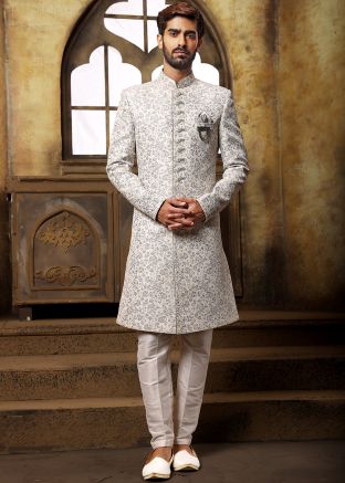 Off White Woven Designs Indo Western Sherwani Set