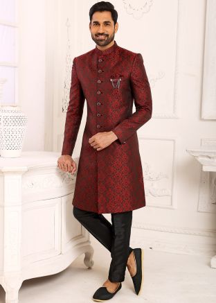 Readymade Maroon Woven Indo Western Sherwani