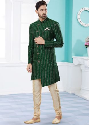 Green Sequined Indo Western Mens Sherwani 