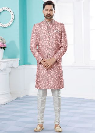Peach Stone Worked Indo Western Sherwani In Jacquard 