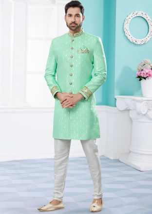 Green Woven Indo Western Sherwani With Churidar