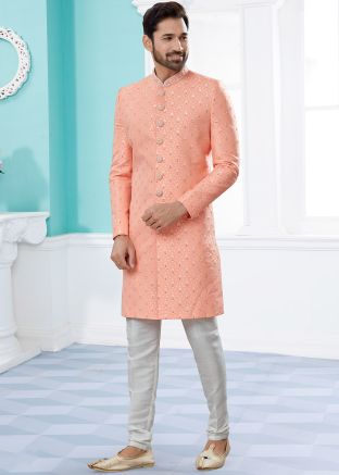 Readymade Peach Indo Western Sequined Sherwani 