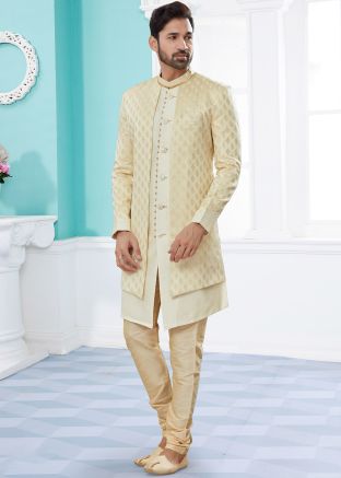 Cream Woven Jacquard Indo Western Sherwani 