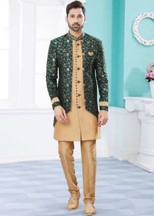 Green & Beige Mens Woven Indo Western Sherwani