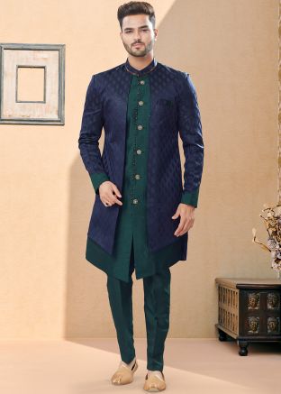 Blue & Green Asymmetric Indo Western Woven Sherwani