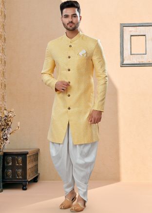 Yellow Indo Western Woven Sherwani With Dhoti