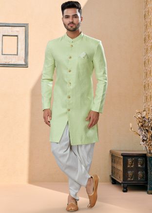 Green Woven Indo Western Sherwani In Jacquard