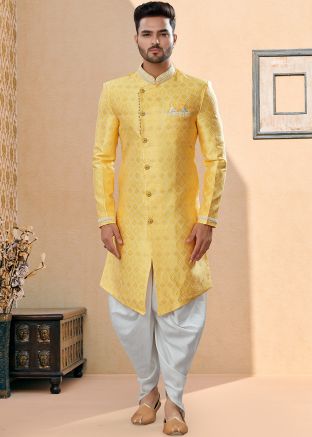 Yellow Asymmetric Sequined Indo Western Sherwani