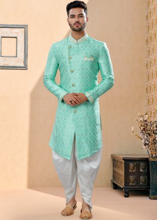 Blue Asymmetric Embroidered Indo Western Sherwani 