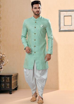 Blue Indo Western Sherwani With Woven Motifs