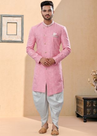 Pink Asymmetric Embroidered Indo Western Sherwani 