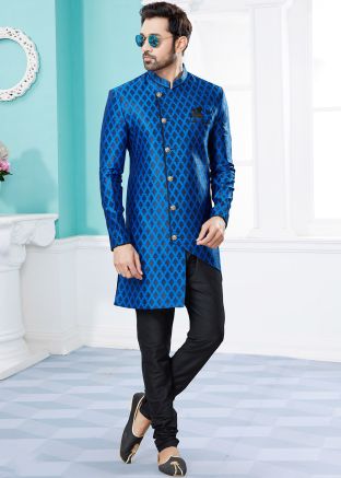Readymade Blue Indo Western Woven Sherwani 