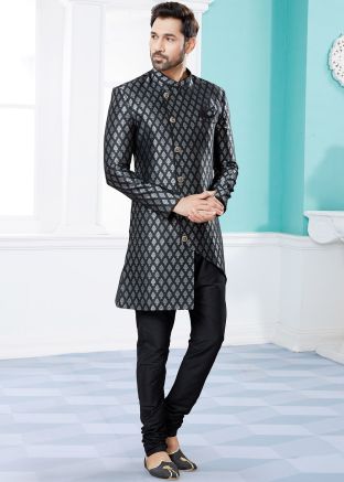 Black & Grey Woven Indo Western Sherwani For Mens