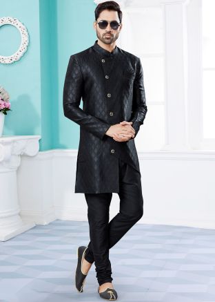 Black Readymade Woven Indo Western Sherwani 
