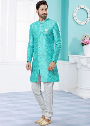 Blue Printed Indo Western Sherwani In Jacquard
