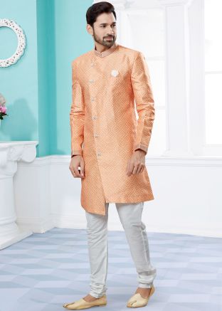 Peach Printed Indo Western Sherwani For Men